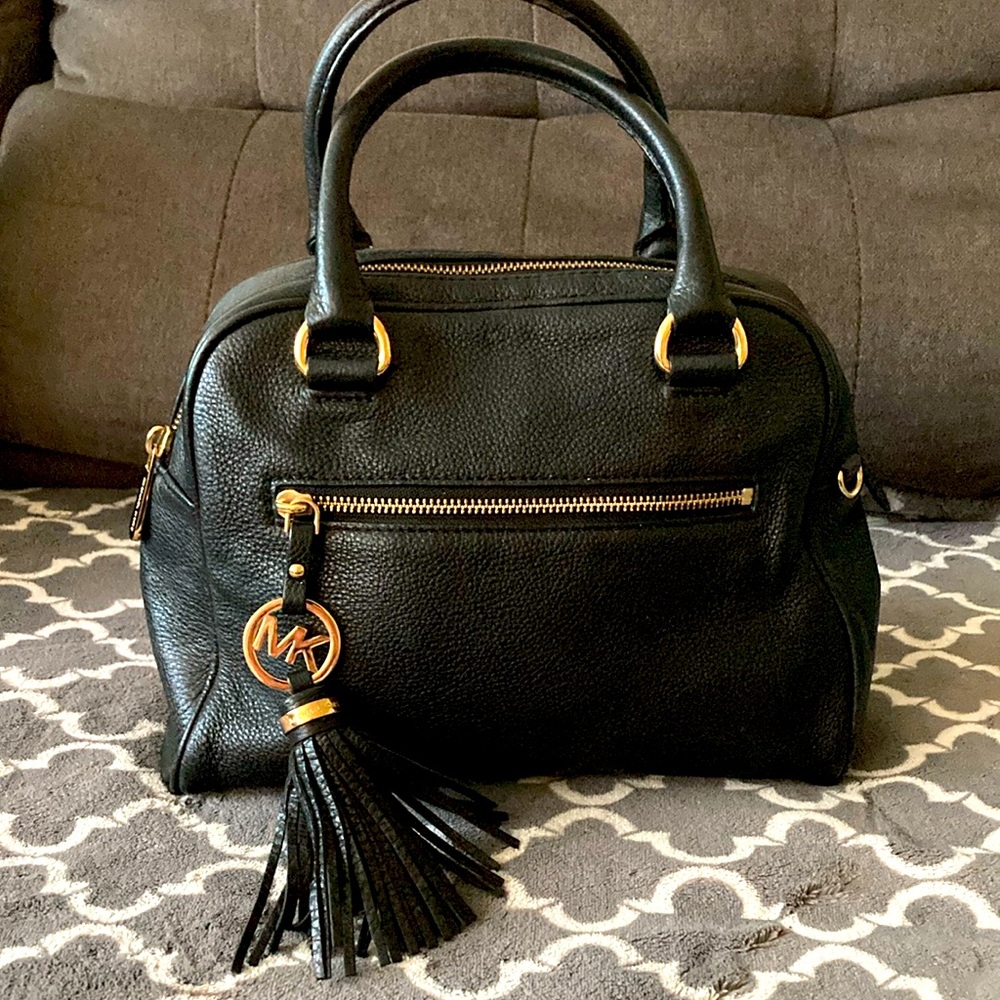 Michael Kors Black Leather Satchel with Gold Accents